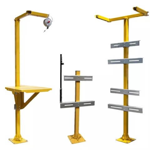 Three variations of yellow BHS Universal Charger Stands, including a wall-mount style with a cable retractor and two floor-mounted pedestals with adjustable mounting rails.