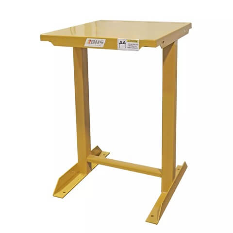 A yellow BHS heavy-duty single-level battery charging stand with a 600 lb capacity shelf and floor-mounting holes.